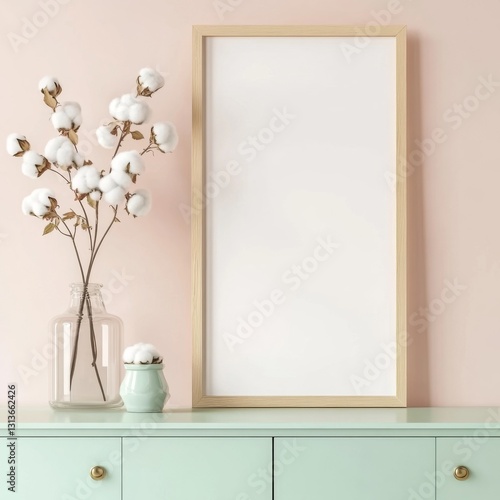Empty frame, cotton branches, mint green dresser, blush background
