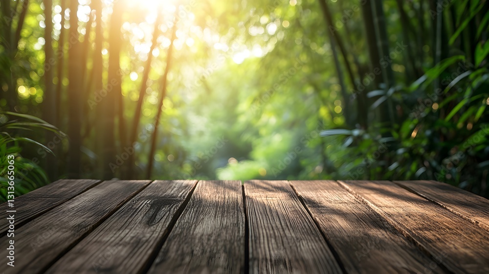 A beautiful wooden table in a lush forest with blurred bamboo creating a serene and natural atmosphere for relaxation A beautiful wooden table in a lush forest with blurred bamboo creating a serene and natural atmosphere for relaxation