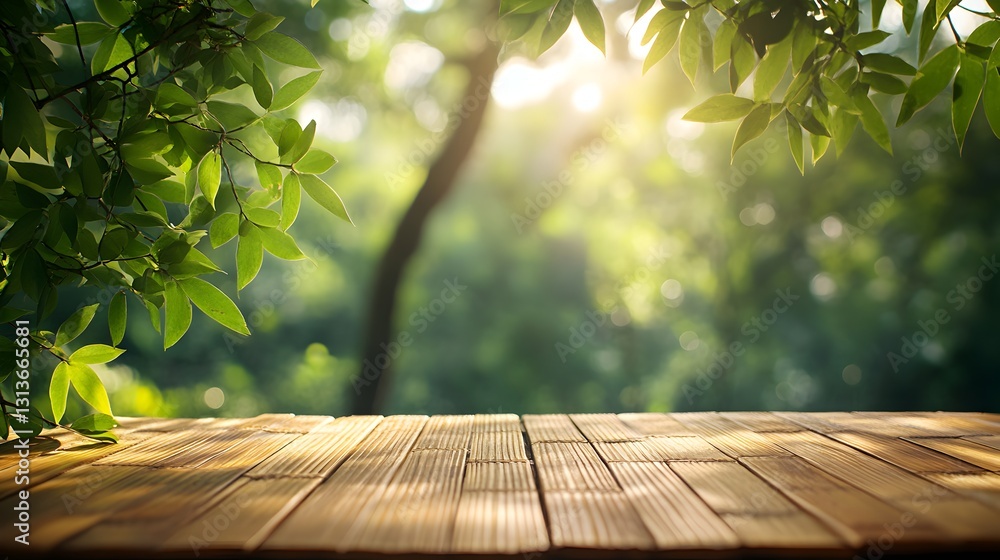 Rustic wooden table set against a green leafy background evoking a calm and natural outdoor atmosphere Rustic wooden table set against a green leafy background evoking a calm and natural outdoor atmosphere