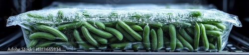 Frost-Covered Frozen Green Beans Stored in a Freezer. Generative AI photo