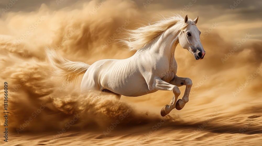 Fototapeta premium A white horse galloping through the vast desert with its flowing mane, captured in stunning detail as the sand whirls around in dynamic motion.