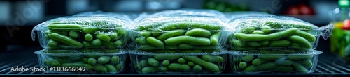 Frozen Green Beans Packed and Organized in a Freezer with Frosted Plastic Wrap. Generative AI photo