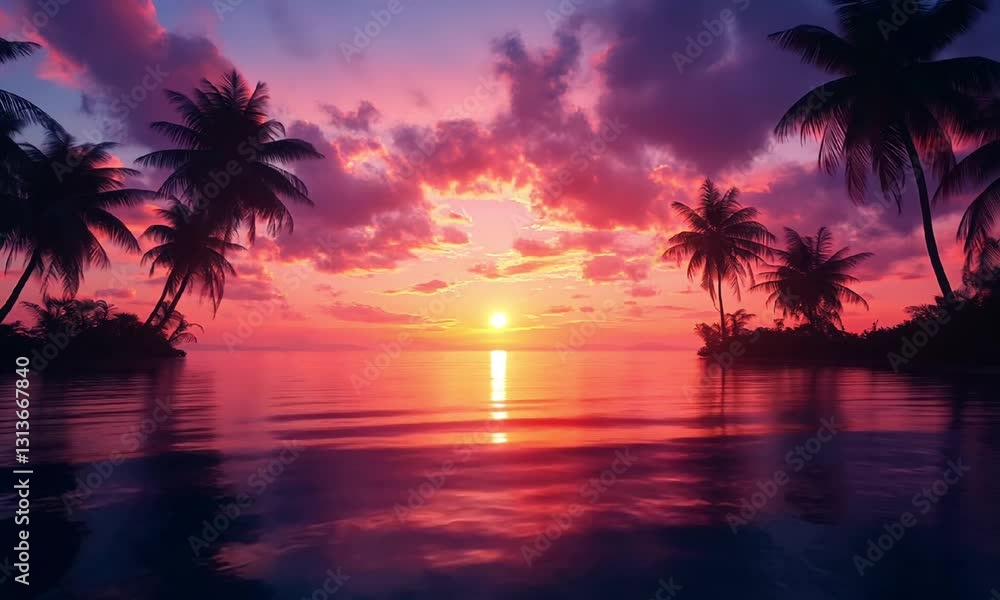 A breathtaking sunset over tranquil waters, framed by silhouetted palm trees. The sky is painted in vibrant hues of purple, pink, and orange, creating a peaceful tropical ambiance. A breathtaking sunset over tranquil waters, framed by silhouetted palm trees. The sky is painted in vibrant hues of purple, pink, and orange, creating a peaceful tropical ambiance.