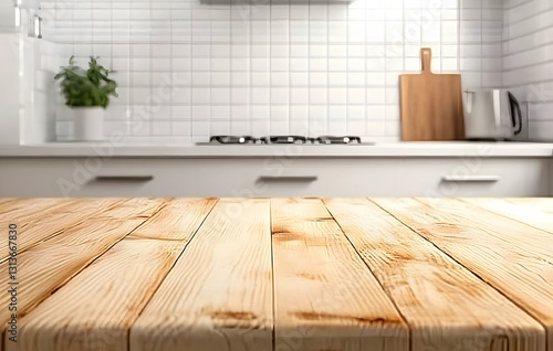 Rustic Wooden Table in Bright Modern Kitchen with White Tile Backsplash