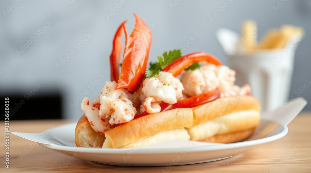 Exquisite Lobster Roll Displaying Fresh Seafood and Culinary Artistry with Sharp Focus Exquisite Lobster Roll Displaying Fresh Seafood and Culinary Artistry with Sharp Focus
