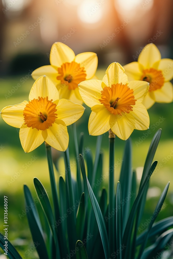 Yellow Spring Flowers. Daffodils, Narcissus Blooming in Garden Under Sunlight, Close Up View Yellow Spring Flowers. Daffodils, Narcissus Blooming in Garden Under Sunlight, Close Up View