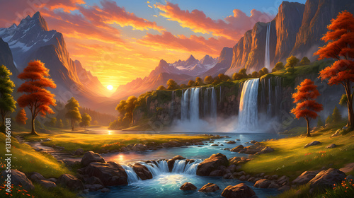 Golden Waterfall at Sunset