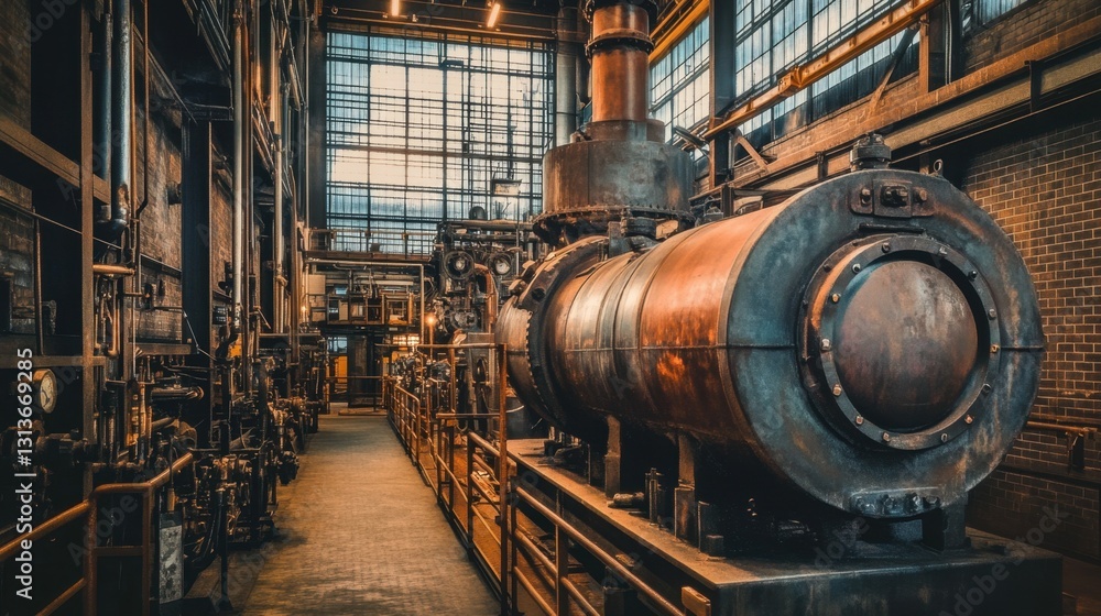 Large industrial machines with a weathered brown patina in a factory setting. Large industrial machines with a weathered brown patina in a factory setting.