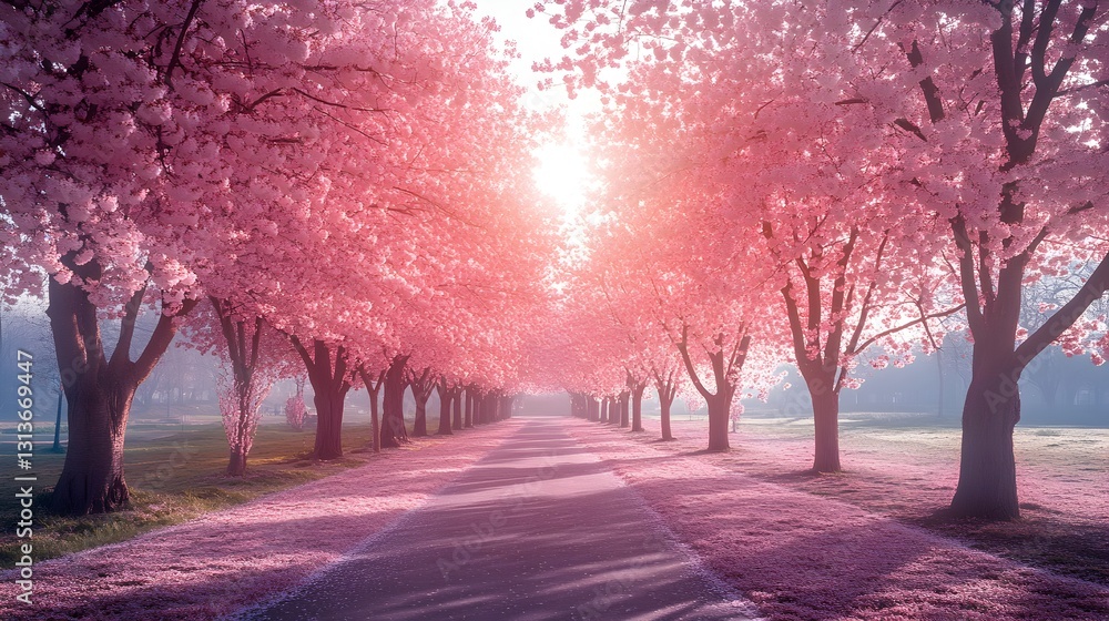 Serene roadway surrounded by lush pink cherry trees in full bloom creating a dreamy spring landscape Serene roadway surrounded by lush pink cherry trees in full bloom creating a dreamy spring landscape