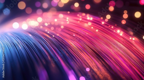 Close-up of high-speed fiber optic cables glowing with vibrant light signals  symbolizing fast data transmission and cutting-edge technology.