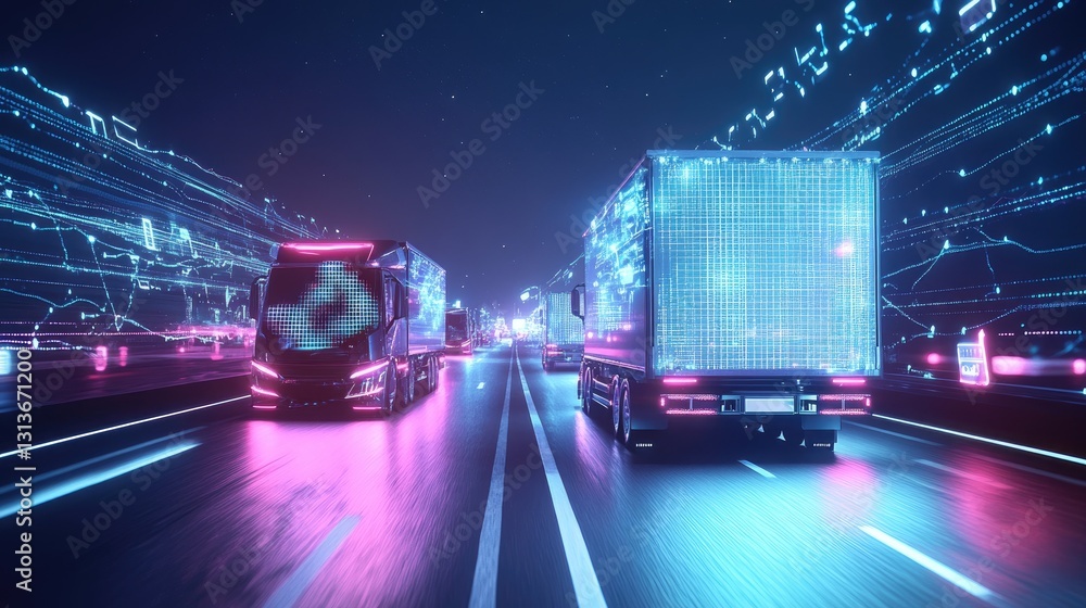 Fototapeta premium Connected futuristic delivery trucks with bright glowing lines and digital squares, highlighting the advancement of technology in modern delivery networks.