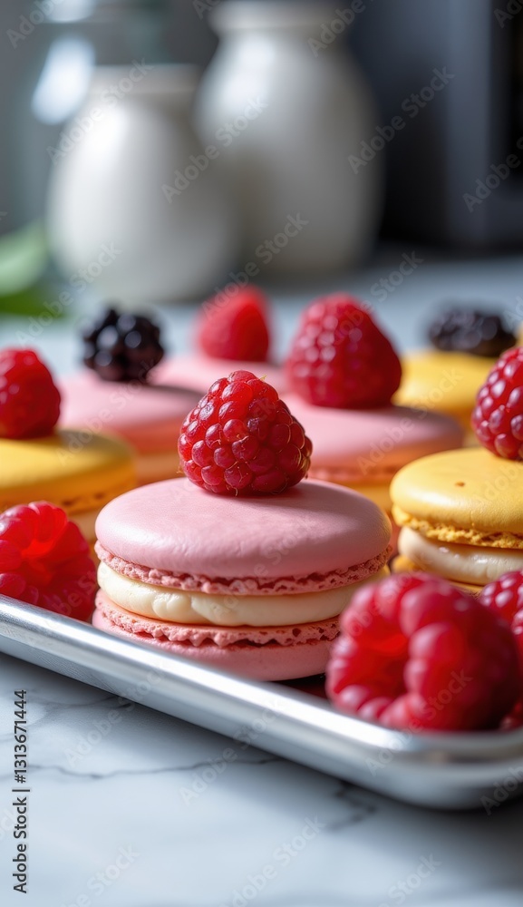 A close-up shot of colorful macarons with fresh raspberries and blackberries, arranged on a grey plate, showcasing a delightful and elegant dessert presentation. A close-up shot of colorful macarons with fresh raspberries and blackberries, arranged on a grey plate, showcasing a delightful and elegant dessert presentation.