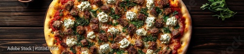 Close-up of a Greek pizza with lamb feta cheese and tzatziki on a rustic wooden table. Generative AI photo