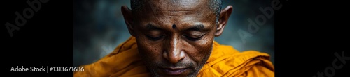 Close-up of a Buddhist monk in saffron robes meditating in a serene setting. Generative AI photo