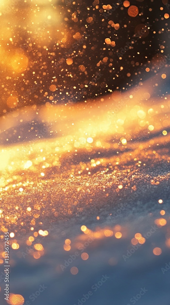 Naklejka premium Close-up of sparkling snowflakes illuminated by soft golden light, creating a magical effect.