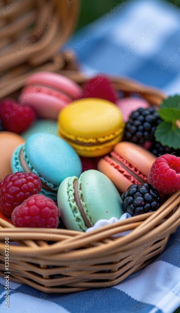 A charming wicker basket filled with colorful macarons and fresh berries, set against a blurred green and red backdrop, evoking a sense of a delightful outdoor picnic or a sweet treat in nature. A charming wicker basket filled with colorful macarons and fresh berries, set against a blurred green and red backdrop, evoking a sense of a delightful outdoor picnic or a sweet treat in nature.