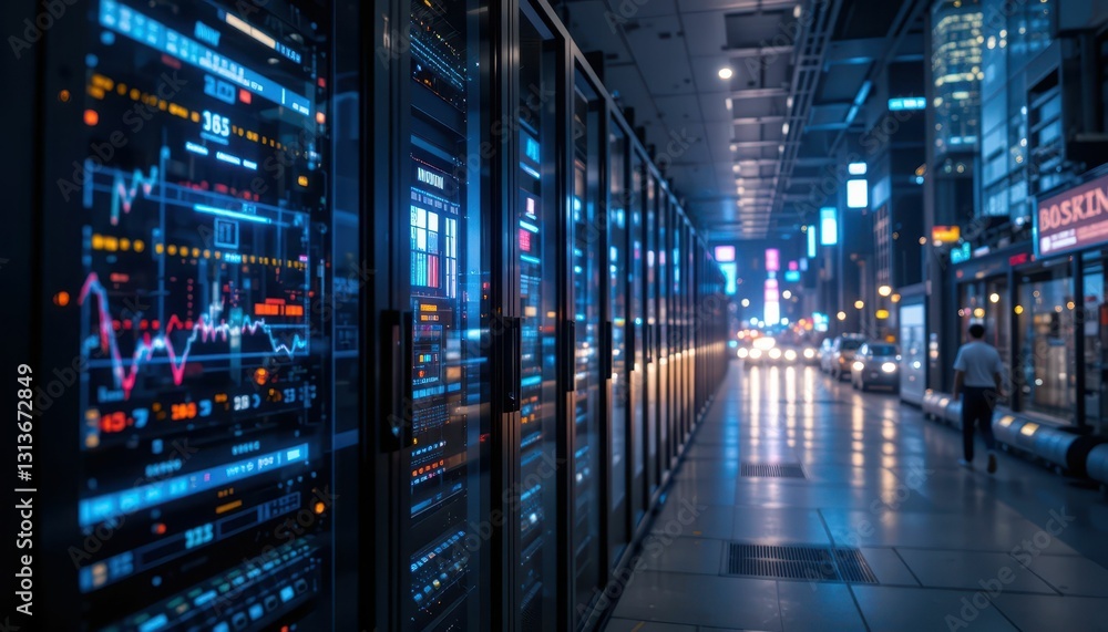 Futuristic Data Center with Digital Graphs and City Night Lights Futuristic Data Center with Digital Graphs and City Night Lights