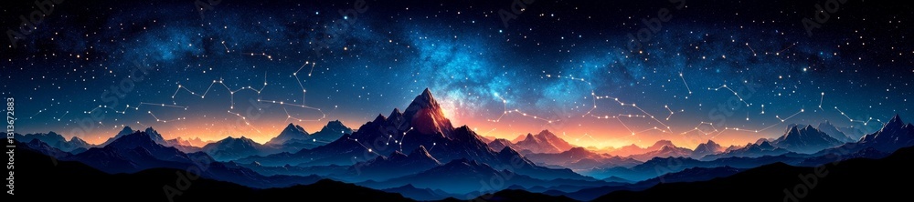A Cosmic Mountain Landscape with Constellations Illuminating the Night Sky. Generative AI A Cosmic Mountain Landscape with Constellations Illuminating the Night Sky. Generative AI