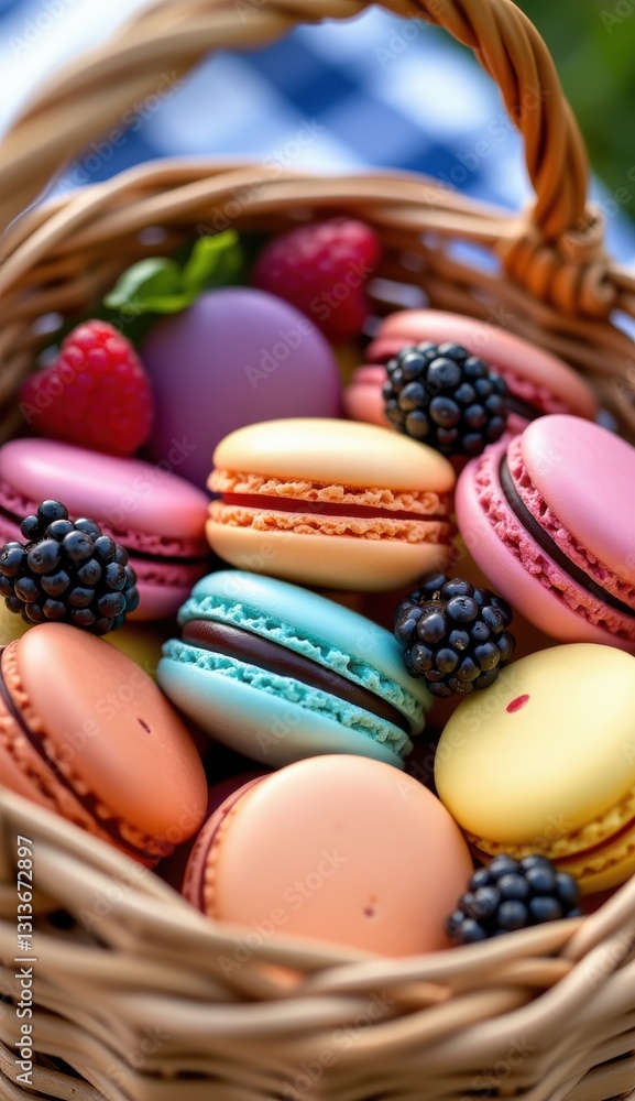 Obraz premium A charming wicker basket filled with colorful macarons and fresh berries, set against a blurred green and red backdrop, evoking a sense of a delightful outdoor picnic or a sweet treat in nature.