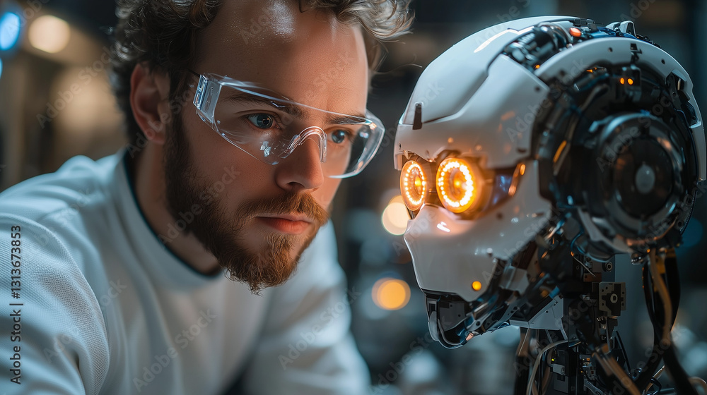 Fototapeta premium Focused engineer meticulously examining a complex robotic mechanism showcasing advanced technology and innovation in artificial intelligence