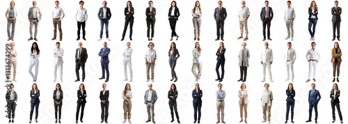 Many business people set isolated background, casual formal attire wear, full body length, networking mixed different diversed businesspeople, happy male female, successful career, crisp edges style