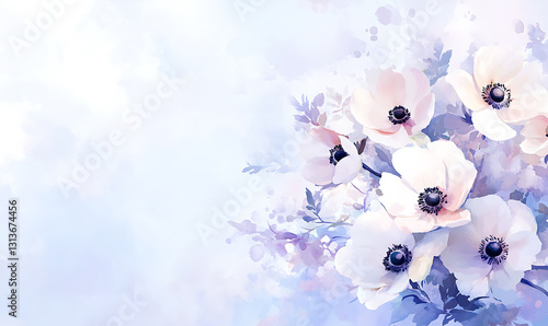 Gentle watercolor painting of soft pink and purple wildflowers in serene light. generative ai