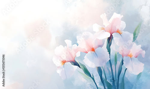 Soft watercolor painting of delicate pink and white iris flowers in serene composition. generative ai