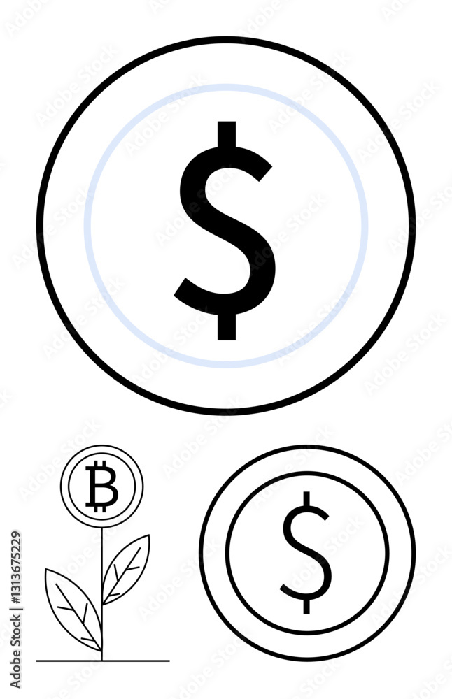 Dollar sign and Bitcoin coin illustrations with a growing plant, symbolizing economic growth and digital currency. Ideal for finance, investment, savings, cryptocurrency, wealth management, fintech Dollar sign and Bitcoin coin illustrations with a growing plant, symbolizing economic growth and digital currency. Ideal for finance, investment, savings, cryptocurrency, wealth management, fintech