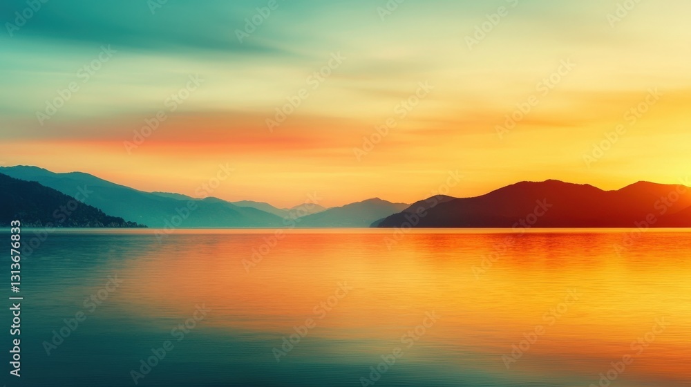 Serene sunset over mountains reflected in calm water. Serene sunset over mountains reflected in calm water.