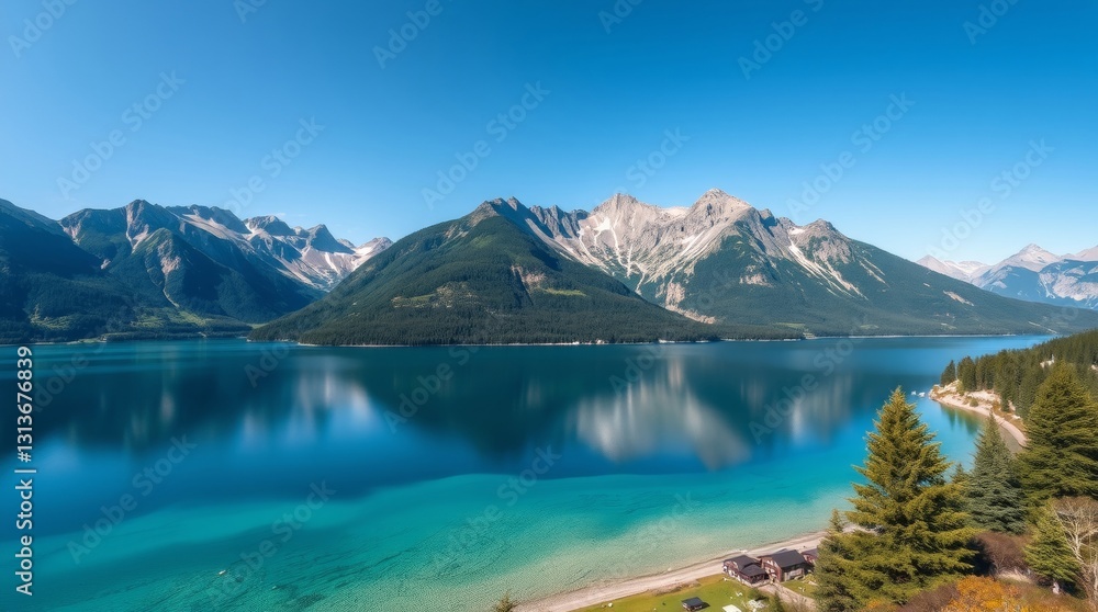 Naklejka premium Scenic panorama of a turquoise lake, snow-capped mountains, pristine nature