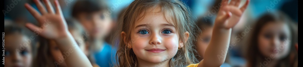 Smiling child raising hand in a classroom with a group of classmates in the background. Generative AI Smiling child raising hand in a classroom with a group of classmates in the background. Generative AI