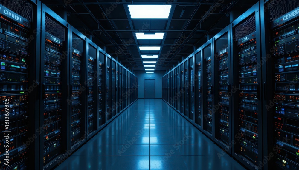 Dimly Lit Server Room with Rows of Servers and Blue Lighting Dimly Lit Server Room with Rows of Servers and Blue Lighting
