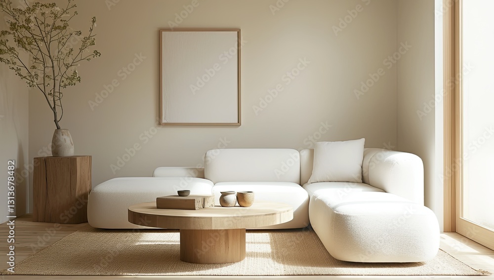 Modern minimalist beige living room mockup with empty frame, sofa, coffee table, and plants Modern minimalist beige living room mockup with empty frame, sofa, coffee table, and plants