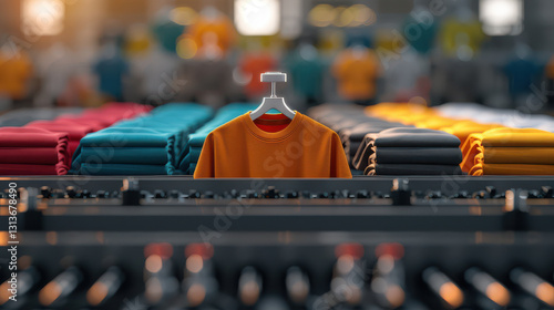 Wallpaper Mural vibrant orange T shirt is prominently displayed on hanger amidst neatly folded stacks of colorful shirts in modern clothing store, showcasing variety of fashion choices Torontodigital.ca