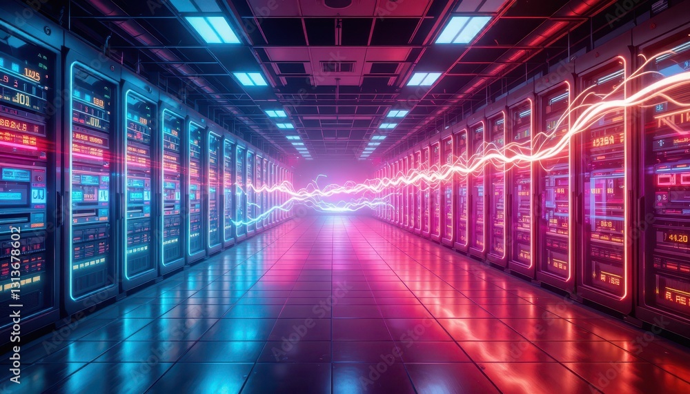 Futuristic Data Center with Neon Lights and Vibrant Energy Waves Futuristic Data Center with Neon Lights and Vibrant Energy Waves