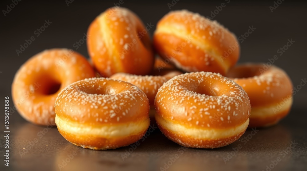 Tempting stack of glazed donuts with delightful toppings, illuminated by warm light Tempting stack of glazed donuts with delightful toppings, illuminated by warm light