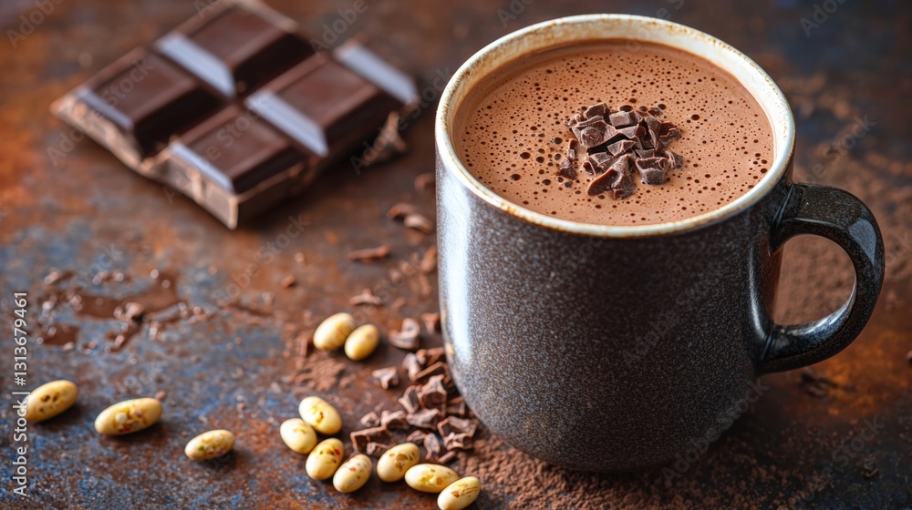 Fototapeta premium Cozy cup of hot chocolate made with creamy soy milk for a comforting beverage experience captured in realistic style