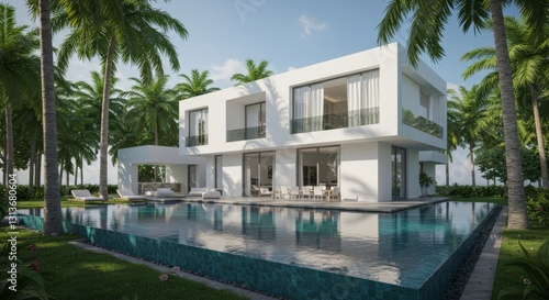 Luxury terrace with an infinity pool overlooking the blue sea and distant islands. Mediterranean-style architecture with white walls  potted plants  and vibrant pink flowers