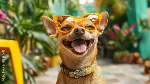 Happy Chihuahua Dog Wearing Fun Sunglasses in Colorful Setting