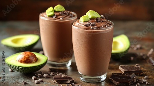Refreshing avocado chocolate shake in elegant glasses perfectly styled for a healthy and indulgent delight