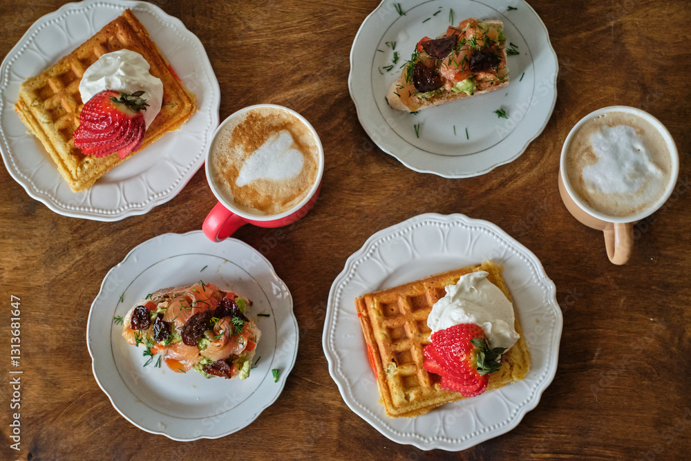 Breakfast. Toast with guacamole, trout and sun-dried plum. Waffles with strawberries and whipped cream Breakfast. Toast with guacamole, trout and sun-dried plum. Waffles with strawberries and whipped cream