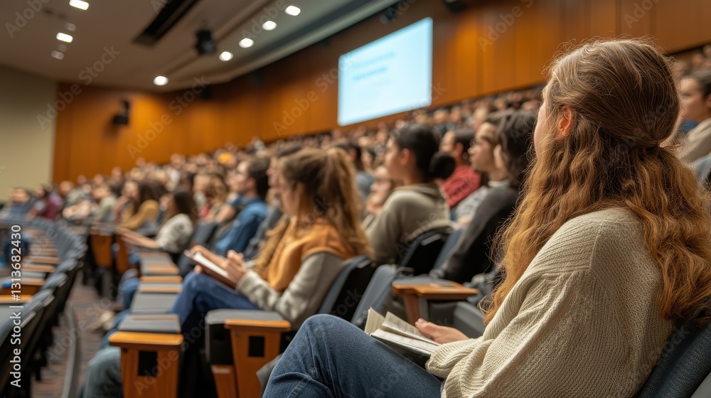 Diverse audience of young adults in university lecture hall attending a presentation Diverse audience of young adults in university lecture hall attending a presentation
