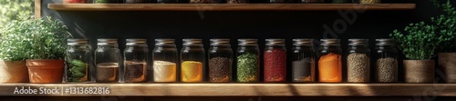 An abundant collection of spices and herbs neatly arranged on a rustic kitchen shelf. Generative AI photo