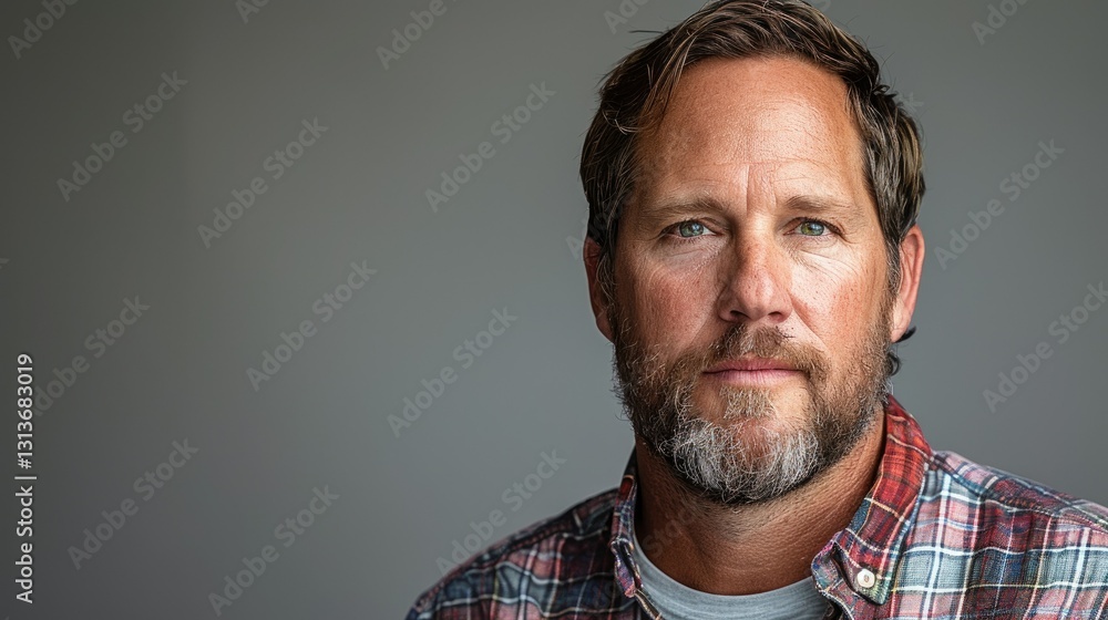 Obraz premium A close-up portrait of a man with a beard, wearing a plaid shirt against a neutral background.