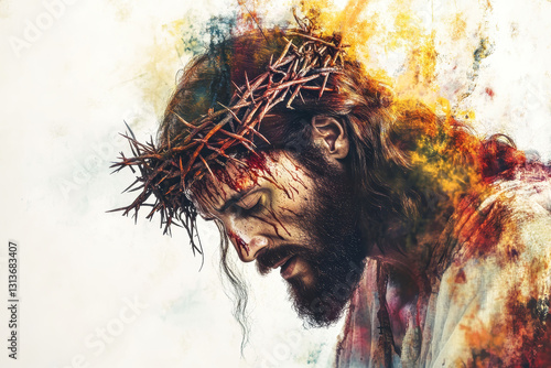 Expression of sorrow and redemption in a captivating digital portrait of Jesus Christ with a crown of thorns photo