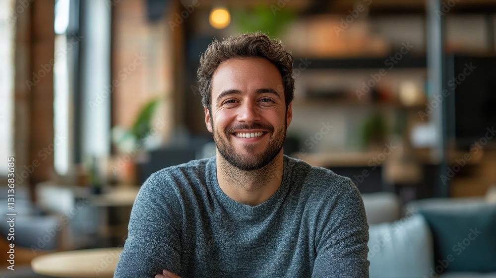 Fototapeta premium Smiling caucasian young adult male relaxing in modern cafe interior
