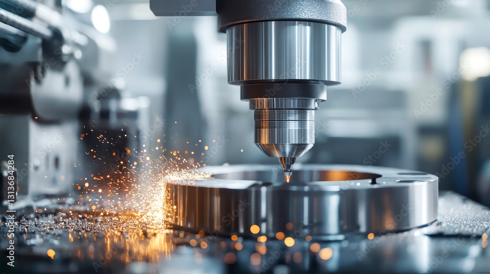 Intricate CNC machine cutting metal with sparks at dawn in a modern factory workshop of precision parts Intricate CNC machine cutting metal with sparks at dawn in a modern factory workshop of precision parts