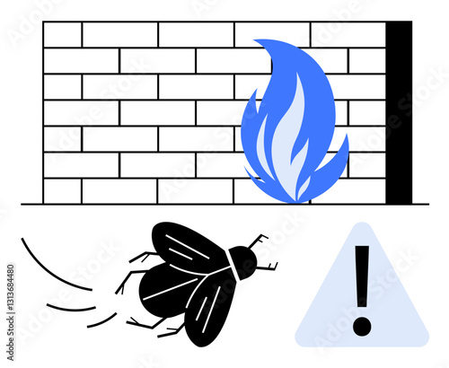 Brick wall with blue flame symbol, flying bug, and exclamation mark warning sign. Ideal for security, protection, technology, antivirus, firewall threat defense caution. Flat simple metaphor