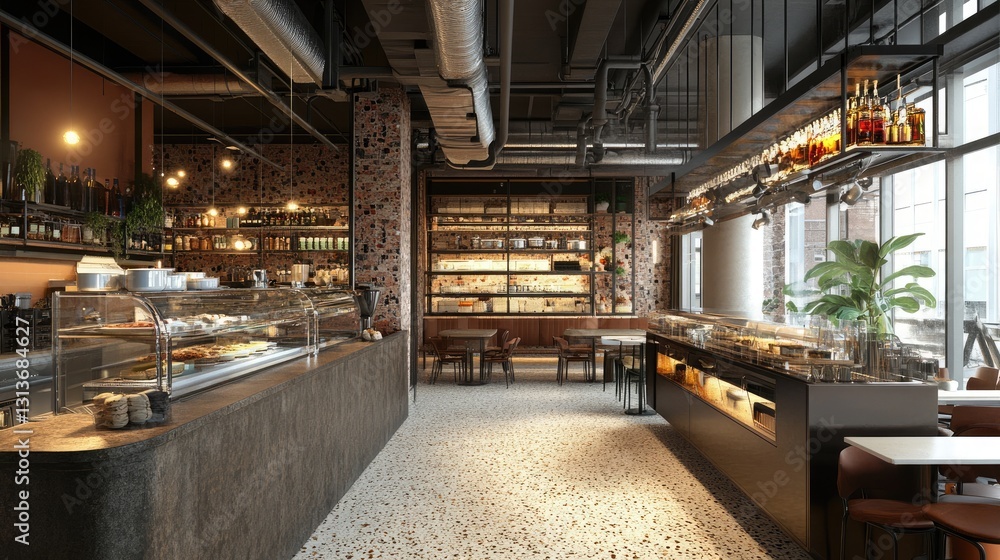 A chic caf with terrazzo flooring and stylish metal-framed furniture. A chic caf with terrazzo flooring and stylish metal-framed furniture.