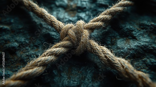 Close-up of thick rope knot on rough rocky surface